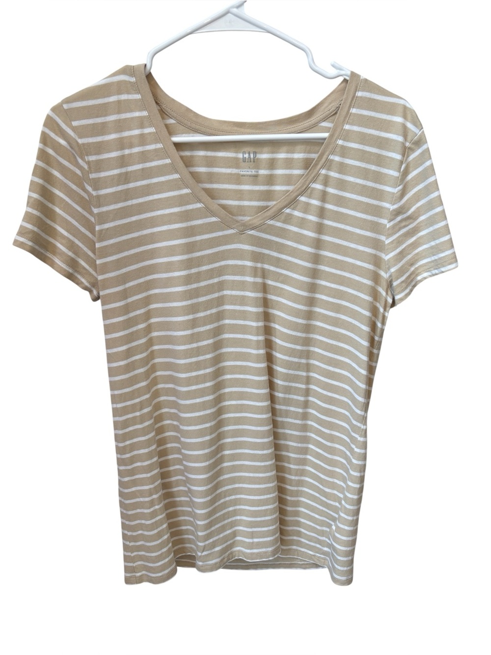 Gap Favorite V-Neck Stripe T-Shirt Women’s Large Short Sleeve Beige White